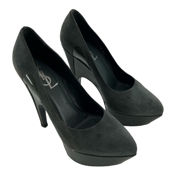 YVES SAINT LAURENT SUEDE AND PATENT LEATHER PLATFORM PUMPS Gray/Green 36 US 6 - Picture 2 of 16